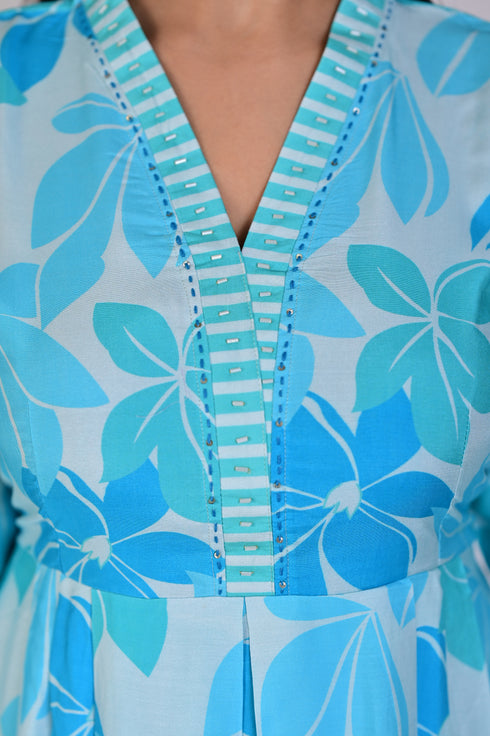 Sky Blue Flower Print Kurti and Pant IP2411/2BLU - 2 Piece