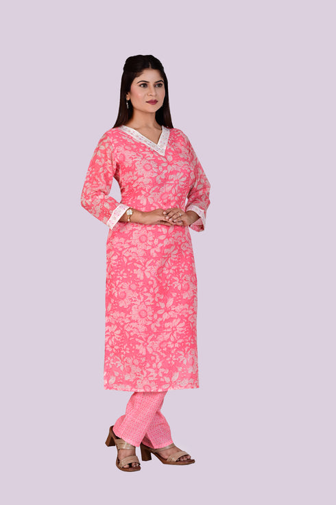 Pink V-Neck Flower Print Kurti, Pant and Dupatta IP2420 - 3 Piece