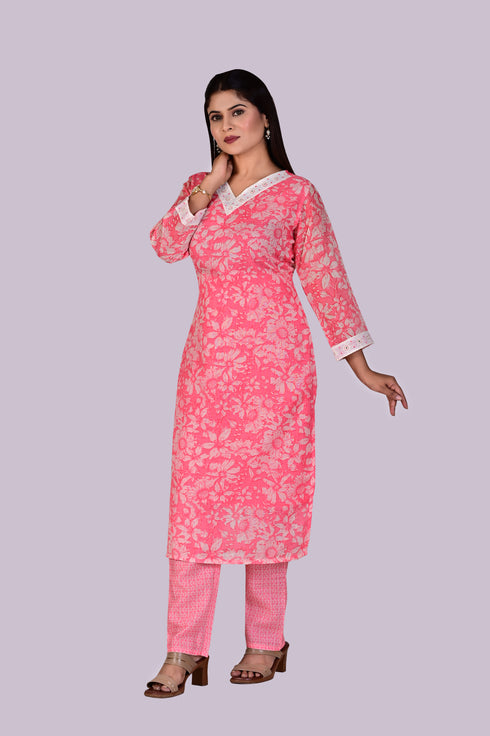 Pink V-Neck Flower Print Kurti, Pant and Dupatta IP2420 - 3 Piece