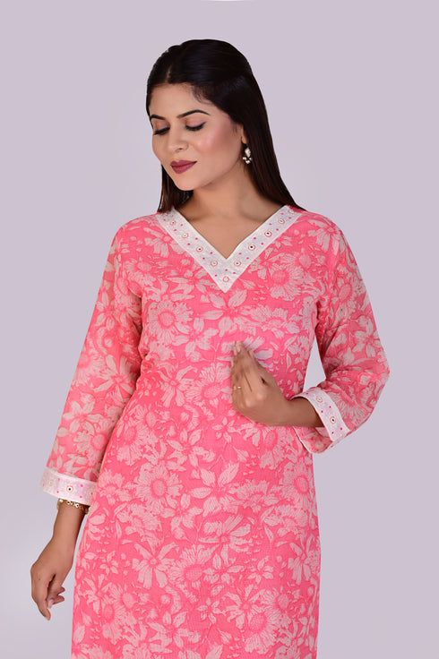 Pink V-Neck Flower Print Kurti, Pant and Dupatta IP2420 - 3 Piece