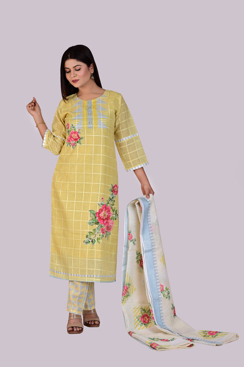 Yellow Color Flower Print Kurti, Pant and Dupatta IP2414 - 3 Piece