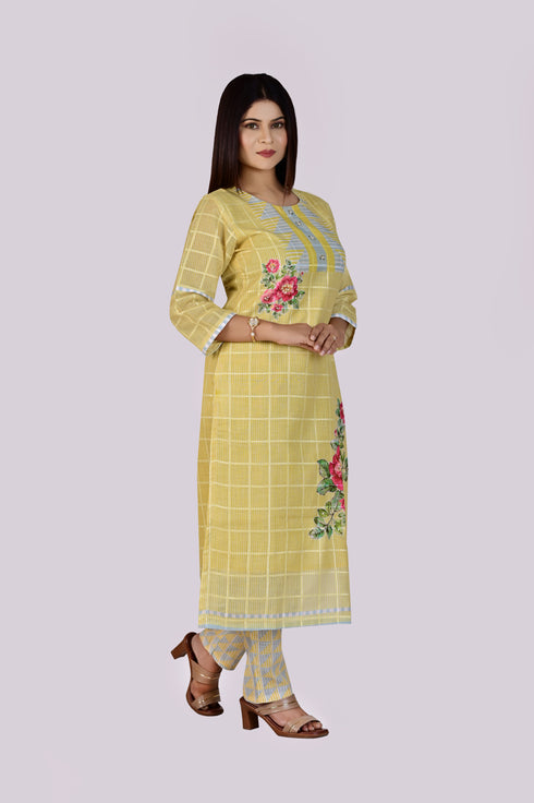 Yellow Color Flower Print Kurti, Pant and Dupatta IP2414 - 3 Piece