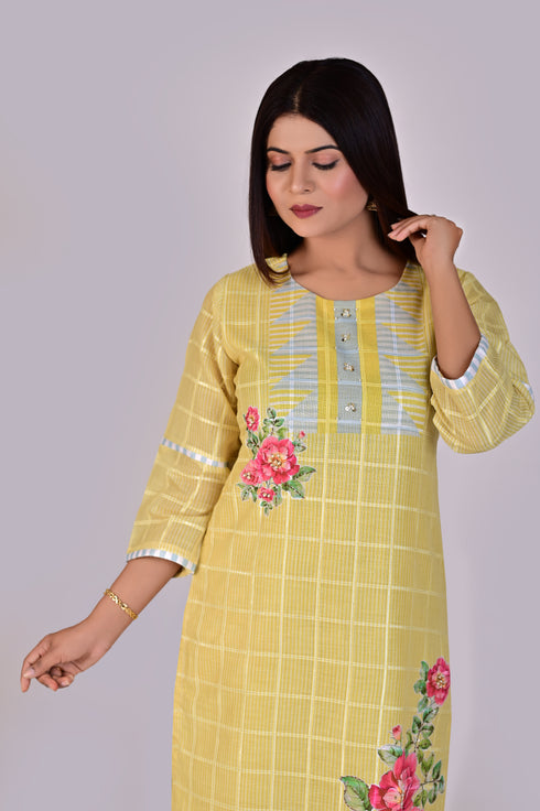 Yellow Color Flower Print Kurti, Pant and Dupatta IP2414 - 3 Piece
