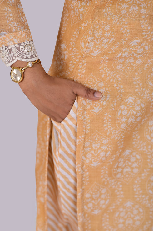 Yellow Net Work Kurti, Pant and Dupatta IP2413 - 3 Piece