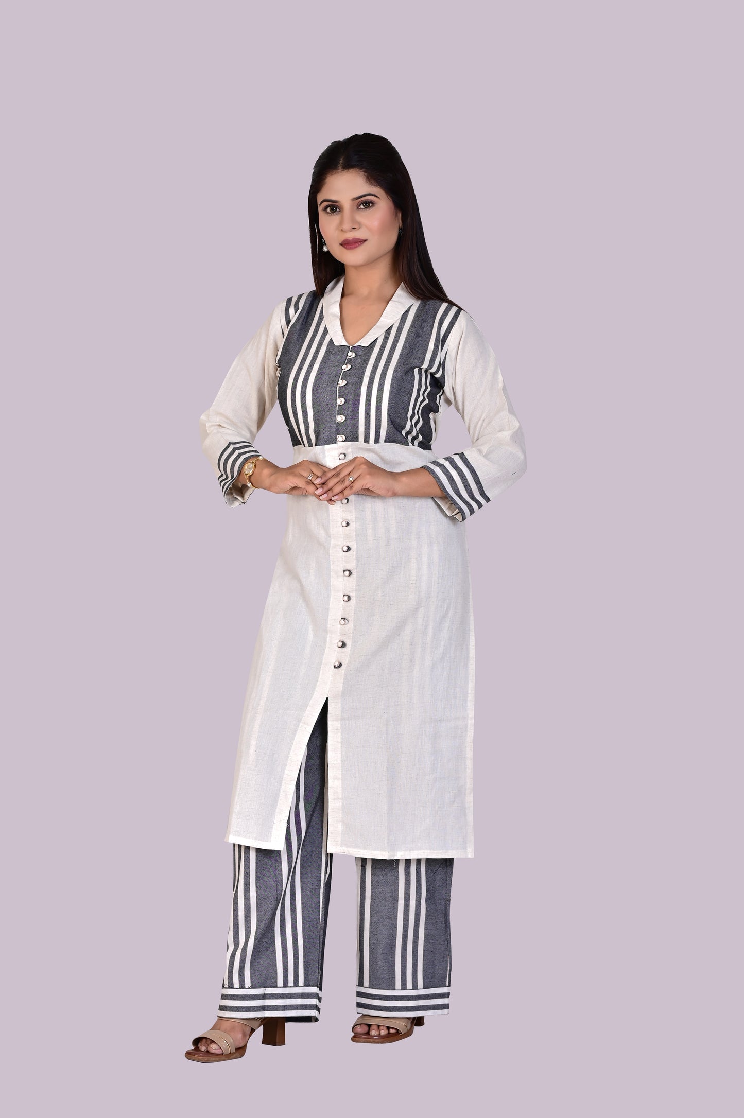 White Grey Kurti, Pant and Dupatta IP2415 - 3 Piece