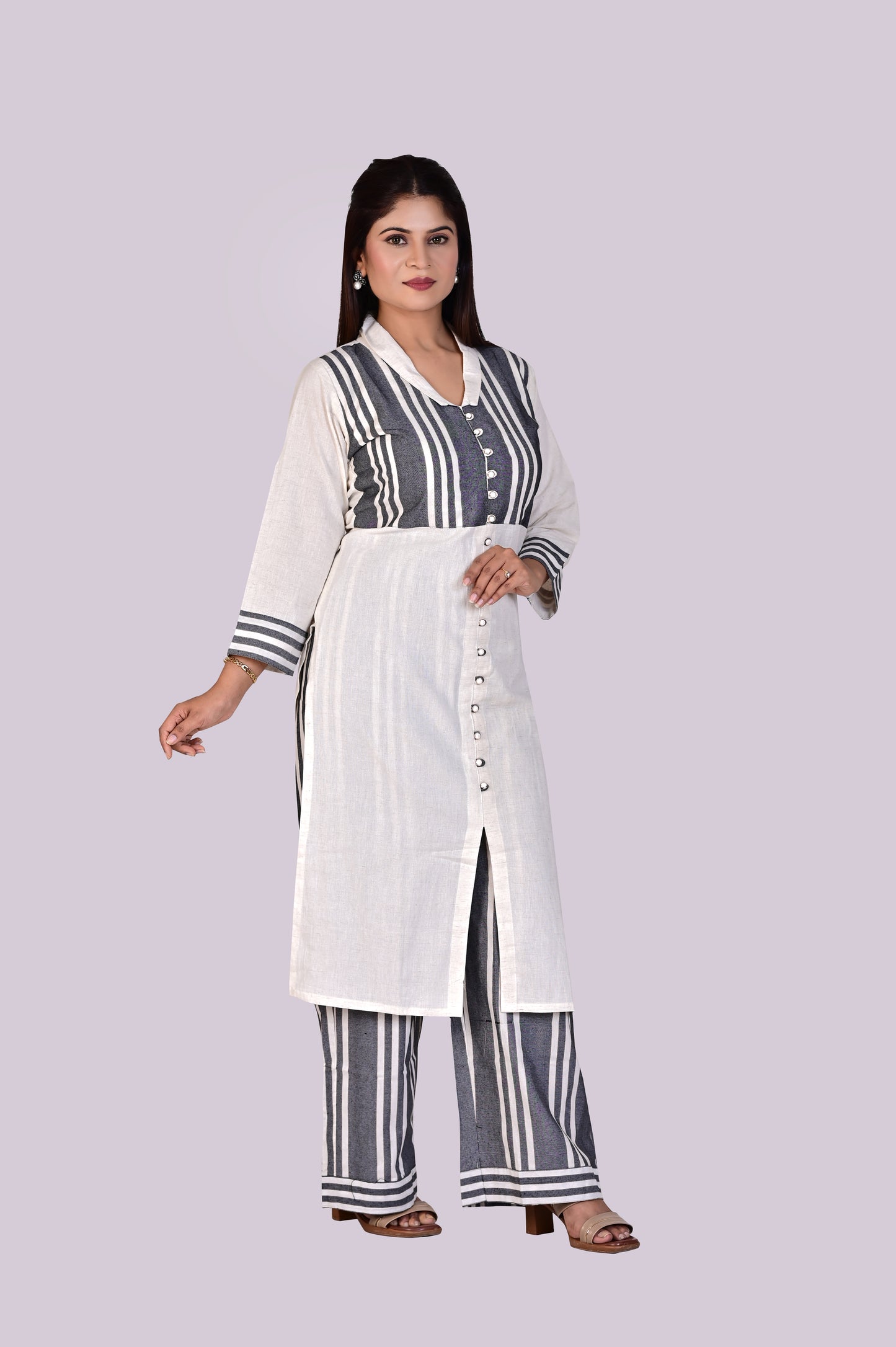 White Grey Kurti, Pant and Dupatta IP2415 - 3 Piece