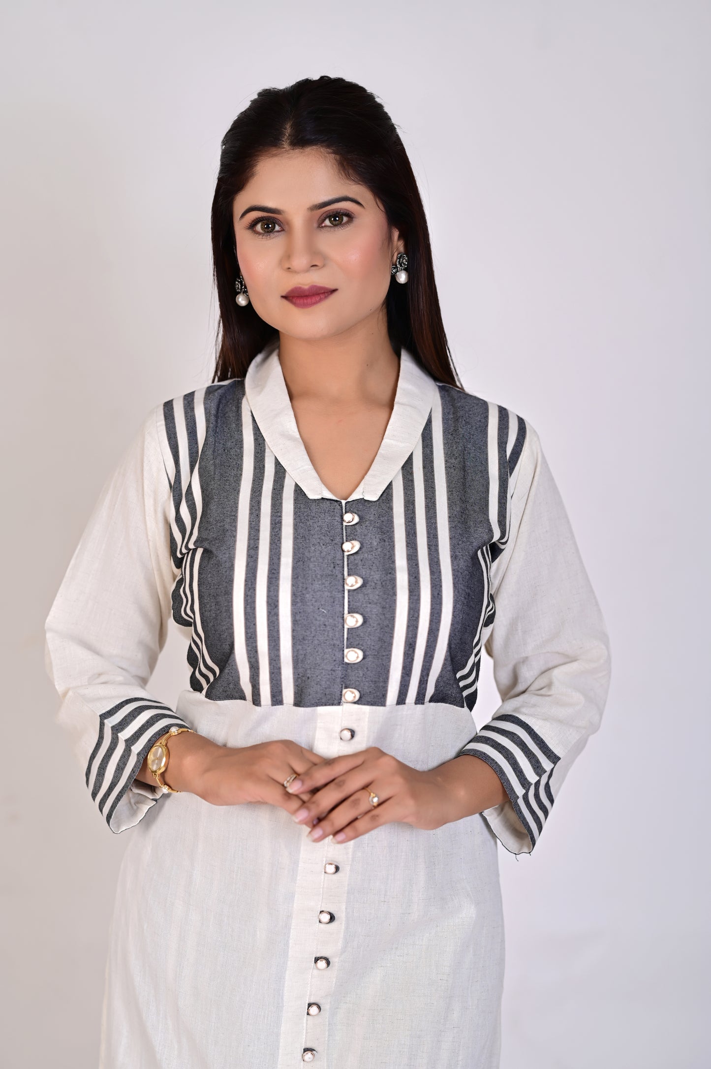 White Grey Kurti, Pant and Dupatta IP2415 - 3 Piece