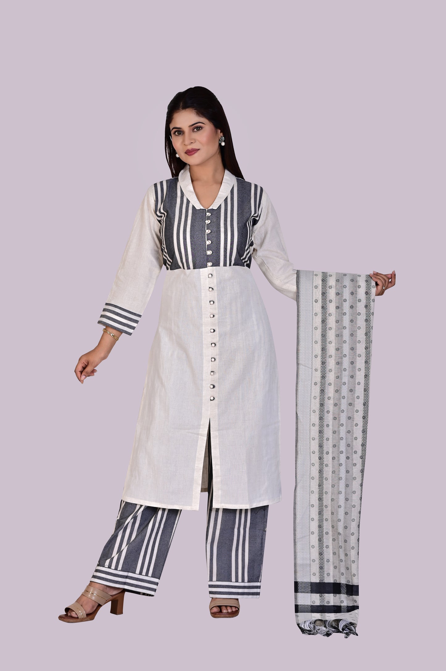 White Grey Kurti, Pant and Dupatta IP2415 - 3 Piece