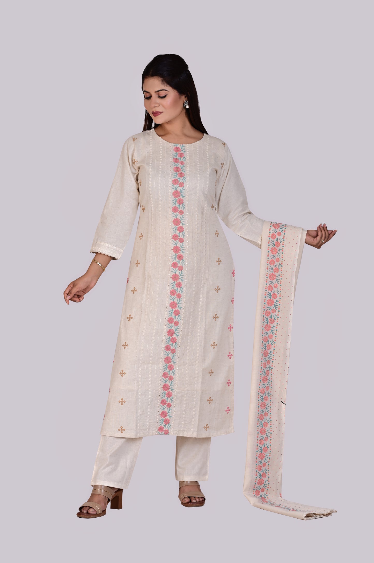 White Flex Cotton Kurti, Pant and Dupatta IP2416 - 3 Piece