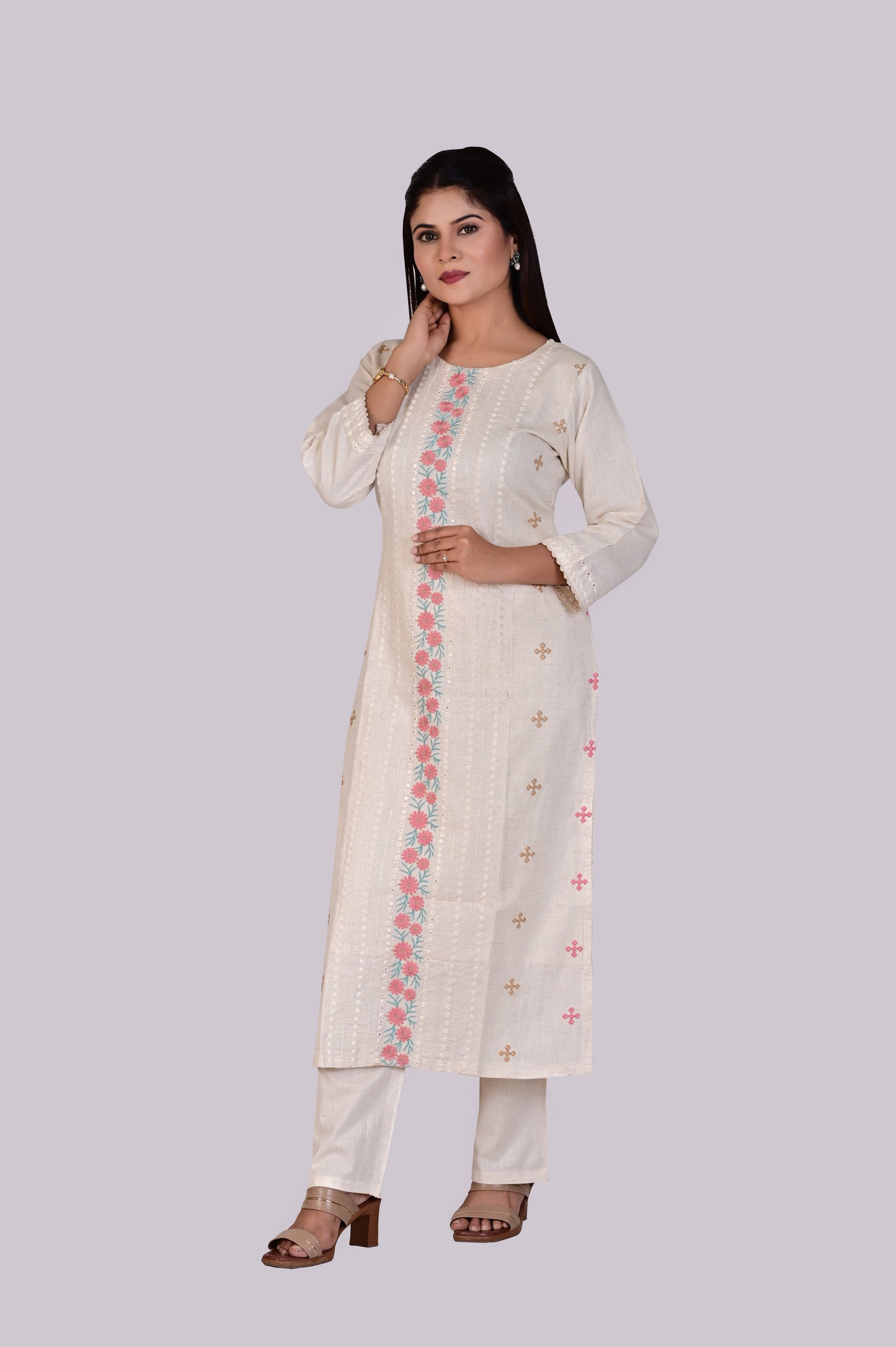 White Flex Cotton Kurti, Pant and Dupatta IP2416 - 3 Piece