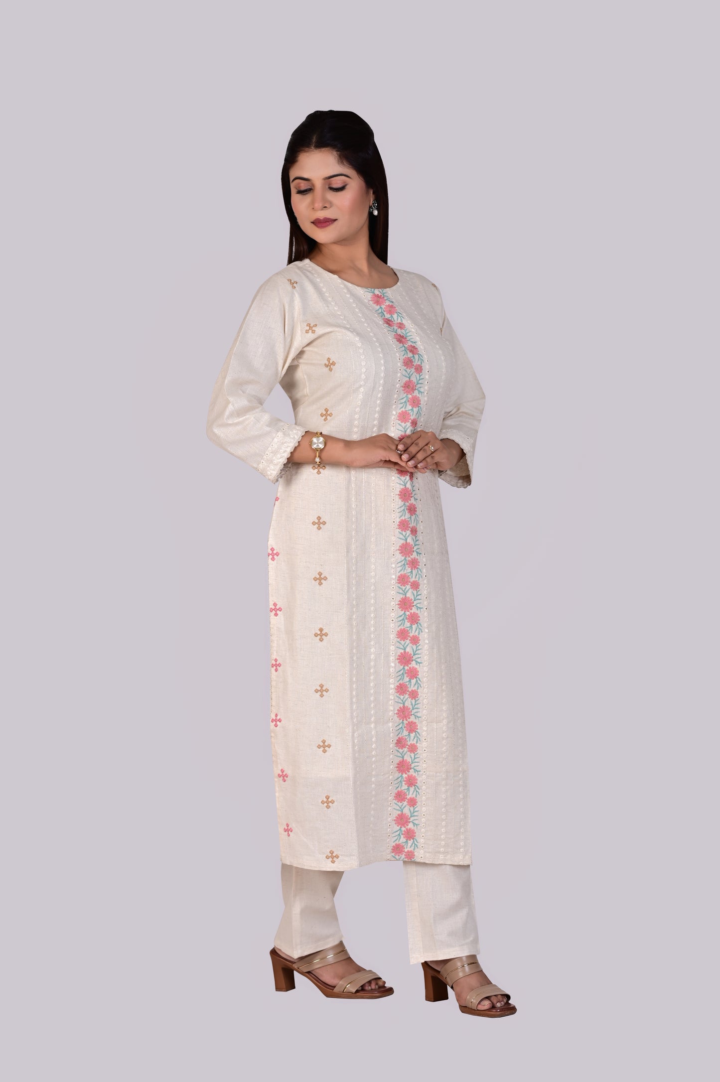 White Flex Cotton Kurti, Pant and Dupatta IP2416 - 3 Piece