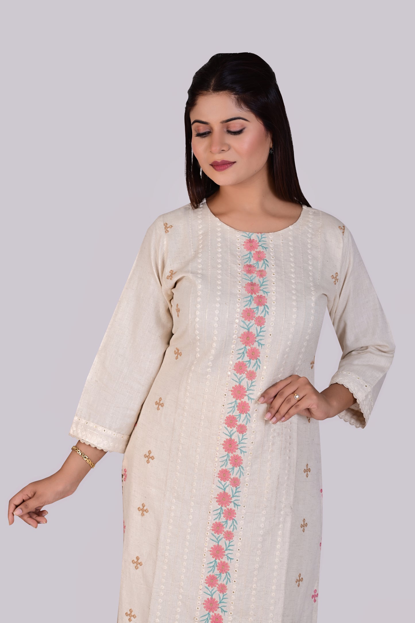 White Flex Cotton Kurti, Pant and Dupatta IP2416 - 3 Piece